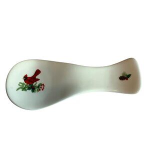 Royal Norfolk Ceramic Spoon Rest Red Cardinal & Pinecone Design‎ 8”x3”